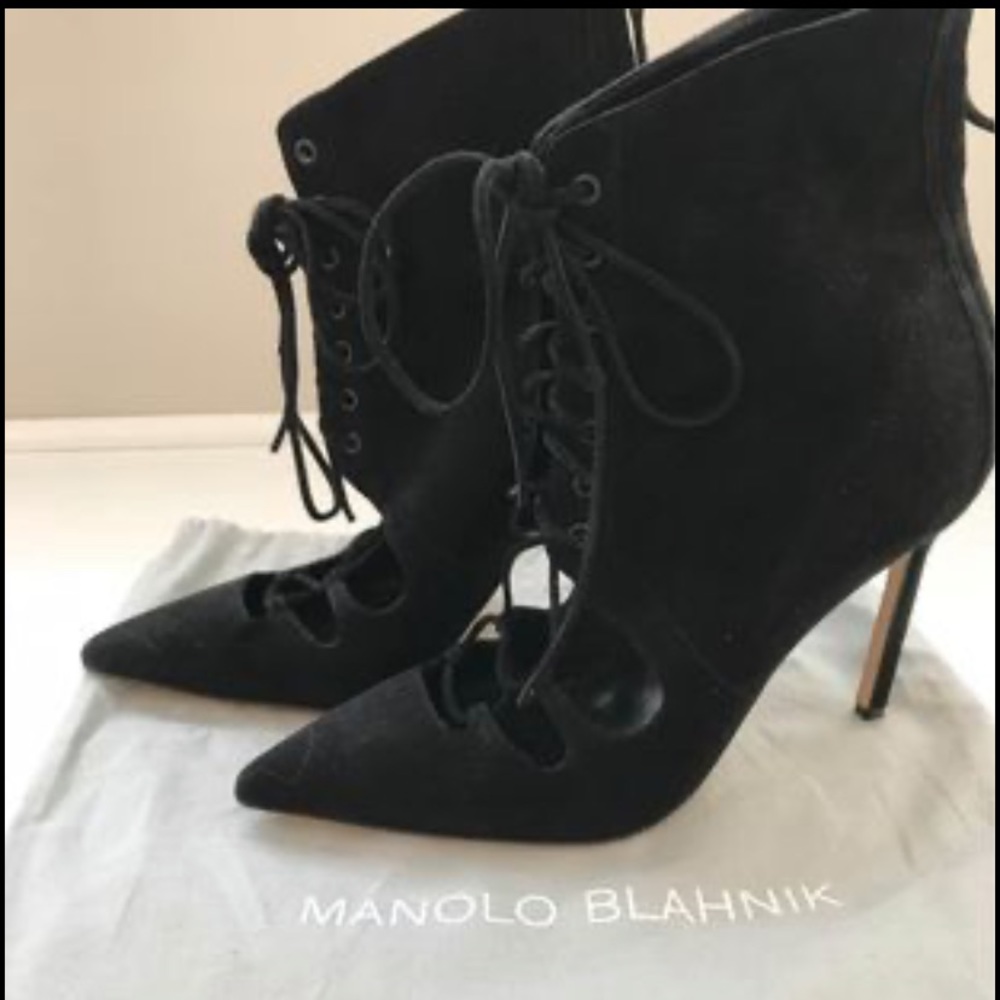 Manolo Blahnik Black Suede Lace Up Ankle Heels